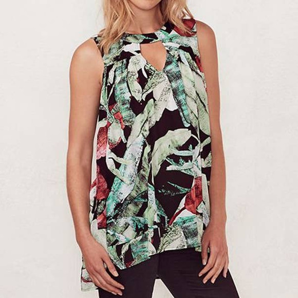 LC LAUREN CONRAD tropical palm leaf tunic mock neck tank XS - Picture 1 of 10